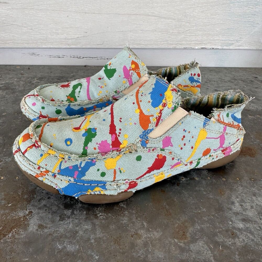 Tony Lama 3R Paint Splatter Canvas Slip On Shoes Womens 5.5 Moc Toe Loafers